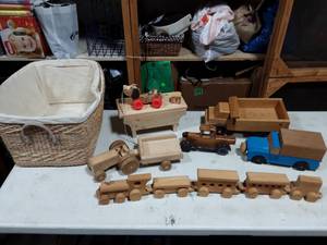 lot 23 image: Basket Of Wood Train, Tractor, Trucks