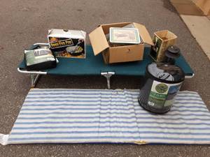 lot 26 image: Folding Lot, Pad, NEW Sleeping Bag, Rani Fly For Tent, Open Fire Popcorn Popper, Lantern, 4-Disposable Charcoal Grills