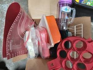 lot 44 image: Box Of Tupperware, Silicone PancakeEgg Molds, NEW Bubba Cup 32 oz, Racks, Misc