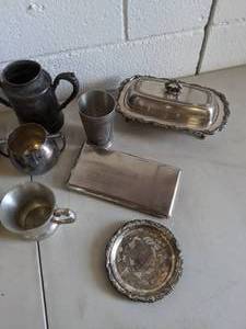 lot 167 image: Silver plated Serving Trays, Mugs, Salt & Pepper Shakers & MORE