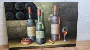 lot 42 image: Stunning Hand-Painted Canvas Wrap Wine Bottle Wall Hanging