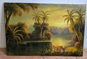 lot 43 image: Gorgeous Hand-Painted Sunset Tropical Landscape Canvas Art