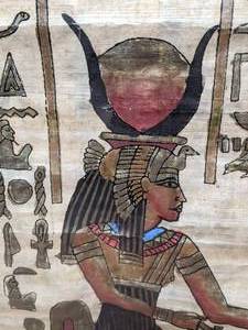 lot 80 image: Framed Art - Egyptian Hieroglyphics Isis with Horned Crown on Papyrus