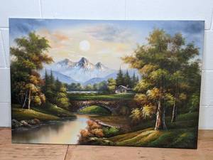 lot 84 image: Gorgeous Hand-Painted Landscape w Cottage  Art