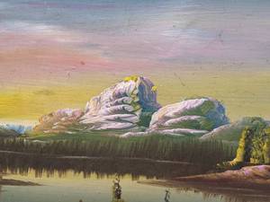 lot 74 image: Beautiful Large Vintage Framed Art Piece Hand-Painted Depicting Mountains, a Cabin, and Wildlife (Lot 22)