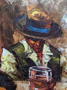 lot 75 image: Eye-Catching Large Hand-Painted Framed Artwork Depicting a Spanish Bar Scene