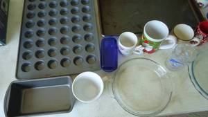 Baking Sheet, muffin tin, mugs, pie plates