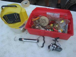 Minnow bucket, scale, tackle, reel