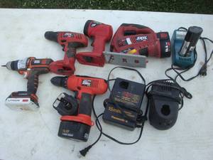Skil 18 volt flashlight, misc drills and chargers