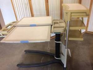 Retails New $1400 Hill-Rom Art of Care Overbed Table Hospital Mobile Bed Side Expandable Tray Table (1st Picture Is A Stock Photo) White Surface Top - Side DispensersVanity Not Included - Great Mobile Crafting Table Or Desk