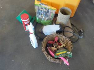 Pet Supplies in a covered tote...
