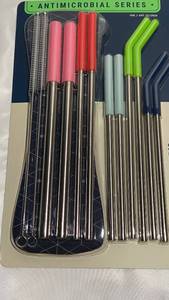 lot 34 image: 13 Piece Set of Stainless Steel Reusable Straws & Cleaning Brush Set