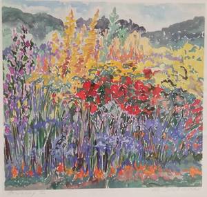 lot 65 image: Framed Watercolor Gardenscape Triptych by Artists Marcia Cushmore & Hazel Belvo