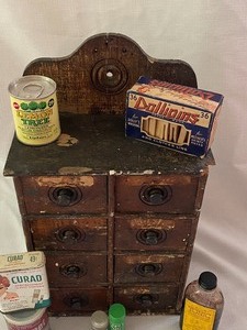 lot 29 image: Vintage Wood Spice Caddy and Tins