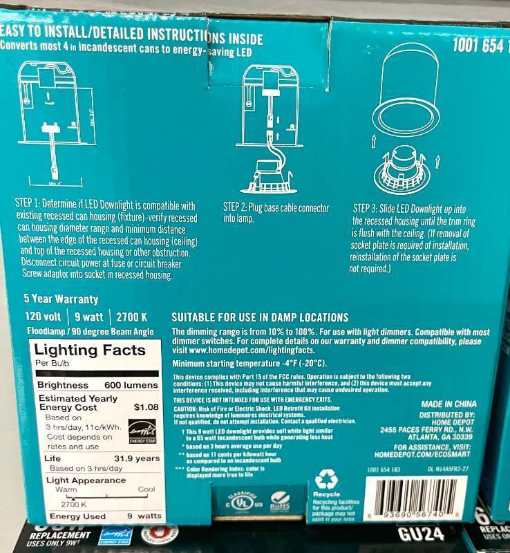 Lot of 4 EcoSmart 4in Downlight White Integrated LED Recessed Trim GU24 65w.&nbsp
