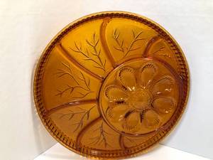 lot 40 image: Amber Glass Triangular Plates, Candy Dish & Deviled Egg  Relish Tray