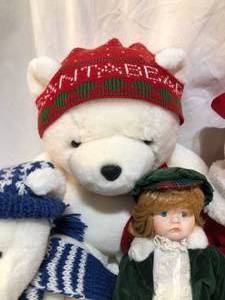 lot 79 image: 4 Santa Bears, Winter Bear & Boy & Girl Porcelain Dolls