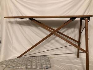 lot 98 image: Vintage Ironing Board, Clothes PinsBasket & Aprons, Towels