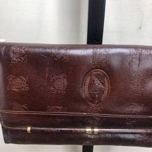 lot 80 image: Rare 1990s Leather Embossed Brown Trophy Crossbody Bag W Velvet Inside