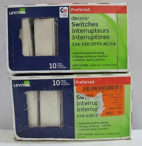 lot 848 image: 2-Pack Leviton Decora 15 Amp Single-Pole AC Quiet Switch, Light Almond (20 pieces)