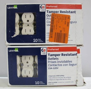 lot 850 image: 2-Pack Leviton 15 Amp Tamper-Resistant Duplex Outlet, Light Almond (20 Pieces)