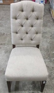 lot 911 image: Pottery Barn Dining Room Chair - BeigeGrey with Dark Wood Frame