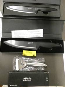 lot 46 image: 2 New Ceramic Chef knives and a Ceramic vegetable peeler