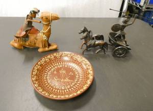 lot 50 image: Leather camel, cast iron chariot and Greek plate with raised decoration
