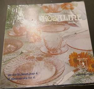 lot 56 image: Vintage New by Arcoroc of France 16pc Rosaline Pink glass place setting for 4 AND Vintage clear setting for 4 with a cup and saucer, dessert plate, dinner plate and a soup or salad bowl, no damage to either set