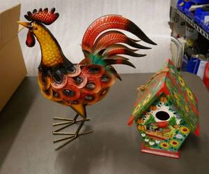lot 57 image: Tin Rooster and Wood Birdhouse - both are new