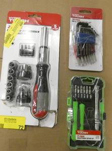 lot 72 image: Ratcheting screwdriver and bit set, small bit set for smartphone or other tiny screws, and hex wrenches