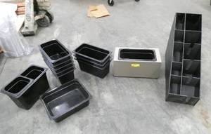 lot 119 image: Variety of sizes of used Cambro containers, a counter stand, and a flatwarenapkincondiment holder