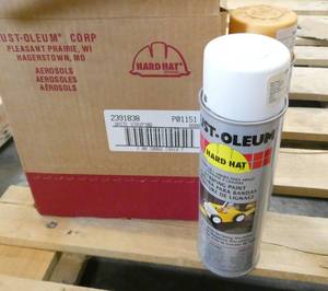 lot 124 image: 7 new cans of Rustoleum White Striping Paint and one partial can of Yellow