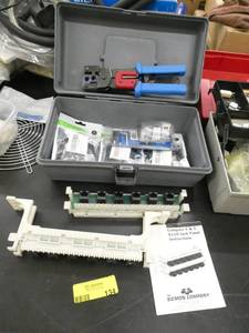 lot 134 image: Toolbox with Cat5 cable crimper and new jacks and a new bag of 25 CAT6  jacks