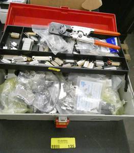 lot 135 image: Toolbox full of various computer cable connectors and a crimper