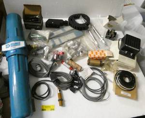 lot 210 image: Misc lot of industrial stuff, bannerturck sensors, forklift backup alarm, carbon brushes for motors, large filter, valves etc