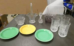 lot 213 image: Fiesta plates, cut glass drinking glasses, vase, perfume bottle etc