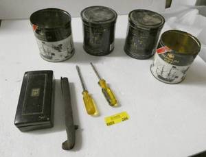 lot 226 image: Vintage Borkum Riff tobacco tins, and old tools that I don�t know what they are for
