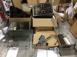 Lot of 2 Glacier Bay All-in-One Undermount Stainless Steel 27 in. and 23 in. Single Bowl Kitchen Workstation Sink with Faucet and Accessories Kit