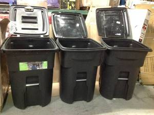 Lot of 3 Toter 96-Gal. Black Bear-Tight Wheeled Trash Can (review pictures)