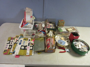 ASSRTD. SEWING SUPPLIES, BUTTONS, PINS, SEAM BINDING, ZIPPERS, SNAP FASTNERS, MORE