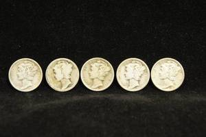 lot 25 image: 5 Silver Mercury Dime Coins