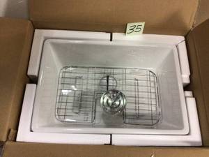 White Ceramic 24 in. Rectangular Single Bowl Farmhouse Apron Kitchen Sink with Grid and Strainer Customer Returns See Pictures