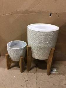 10 in. and 6.6 in. Ivory White Cathedral Ceramic Planter on Stand Mid-Century Planter(Set of 2) Customer Returns See Pictures