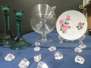 lot 39 image: VINTAGE SILVER BANDED MARTINI PITCHER - VINTAGE REGENCY SAUCER- TWO VINTAGE EMERALD CANDLESTICK HOLDERS