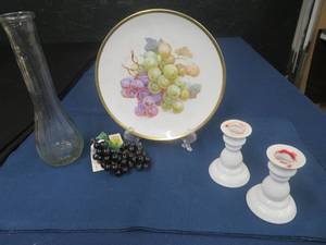 lot 40 image: GOLDEN CROWN E&R GERMANY PLATE- GREEN VASE- TWO WHITE CANDLE HOLDERS