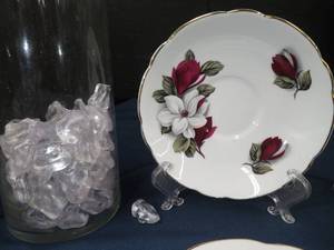 lot 45 image: 3 VINTAGE CHINA SAUCERS - 2 BEAUTIFUL GLASS CYLINDER CANDLE HOLDERSVASES