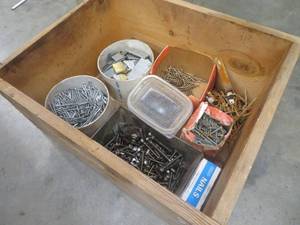 lot 112 image: ANTIQUE DOVETAILED BOX FULL OF NAILS, STAPLES, SCREWS, AND MORE