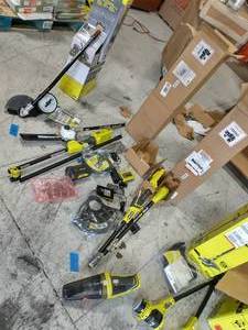 PALLET OF RYOBI TOOLS, TRIMMERS LAWN MOWERS, BATTERYS  AND MORE