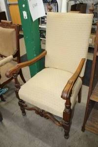 lot 717 image: Linen Upholstered Carved Wood Dining Arm Chair